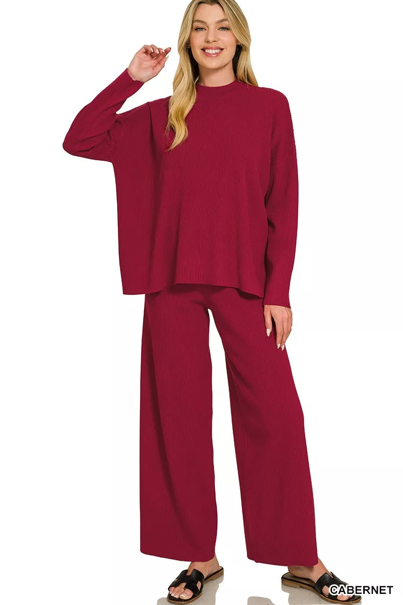 Zenana Viscose Sweater Top & Pants Set — Cabernet