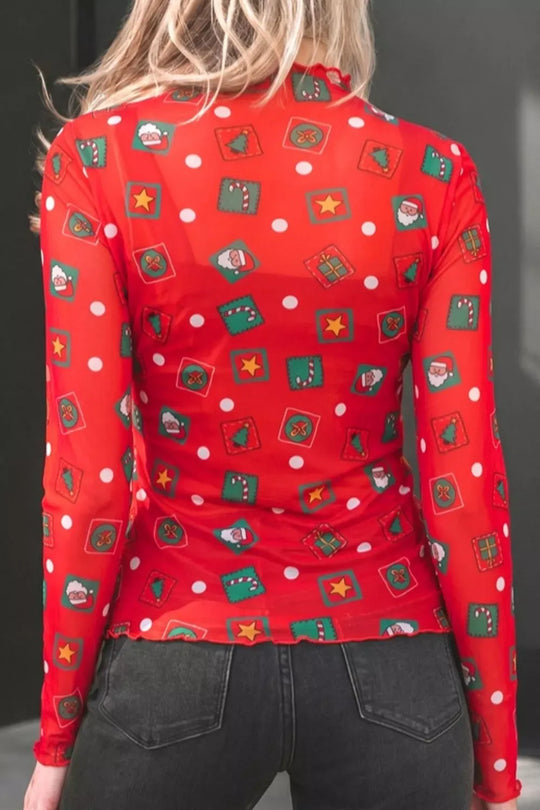 Another view: Abstract Mesh Stand-Collar Blouse — Scarlet