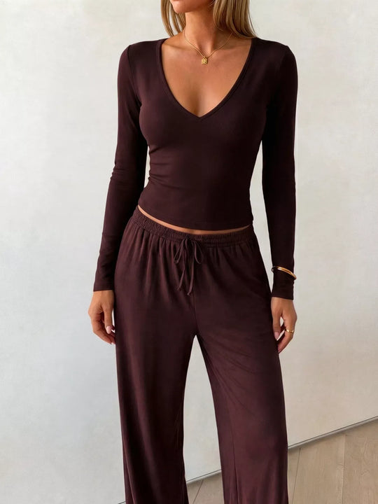 Another view: V-Neck Long-Sleeve Top and Wide-Leg Pants Set