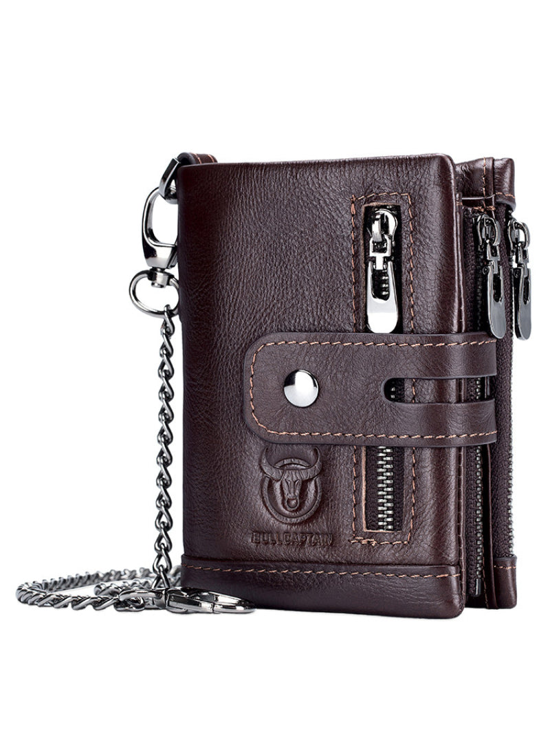 Retro Genuine Leather Bifold Wallet with Dual Zippers | Coin & Card Organizer