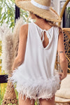 Women's back-tie cotton top with faux-feather hem