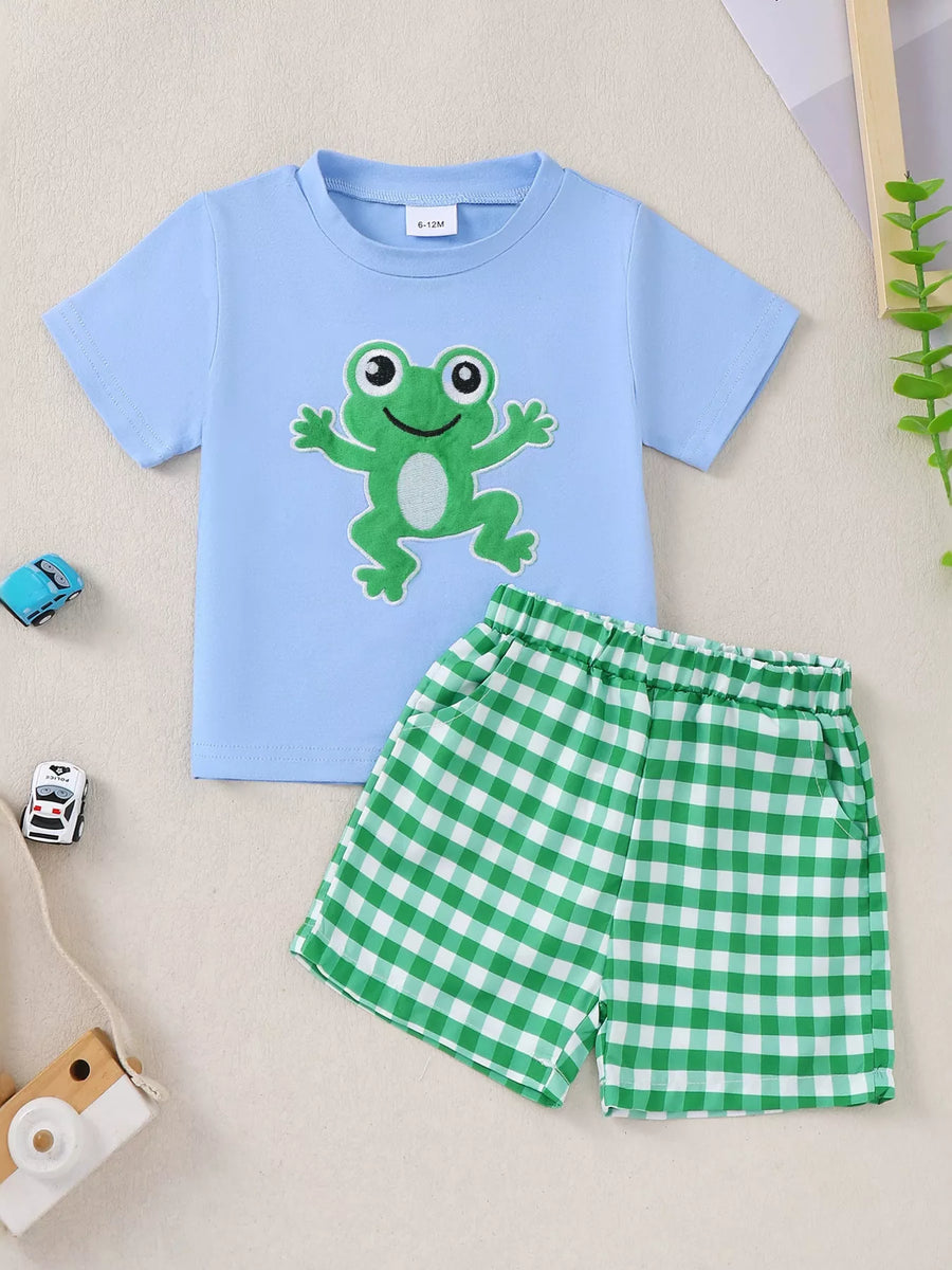 Frog T-Shirt & Plaid Shorts Set — Blue