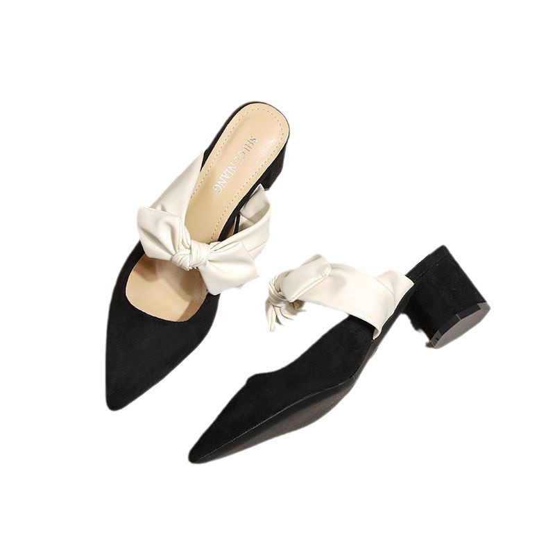Women's Chunky Heel Pointed Toe Slip-On Heels with Bow | French Style Block Heels