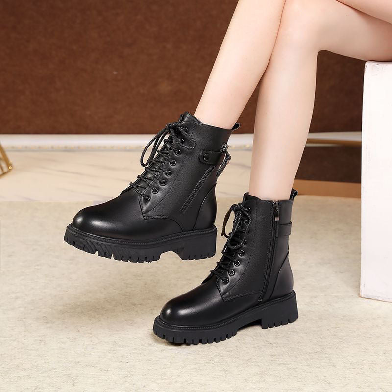 Women's British-Style Fleece-Lined Chunky Heel Boots | Warm Insulated Lace-Up Winter Boots