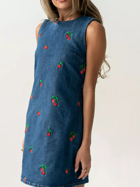 Another view: Strawberry Embroidered Sleeveless Denim Dress