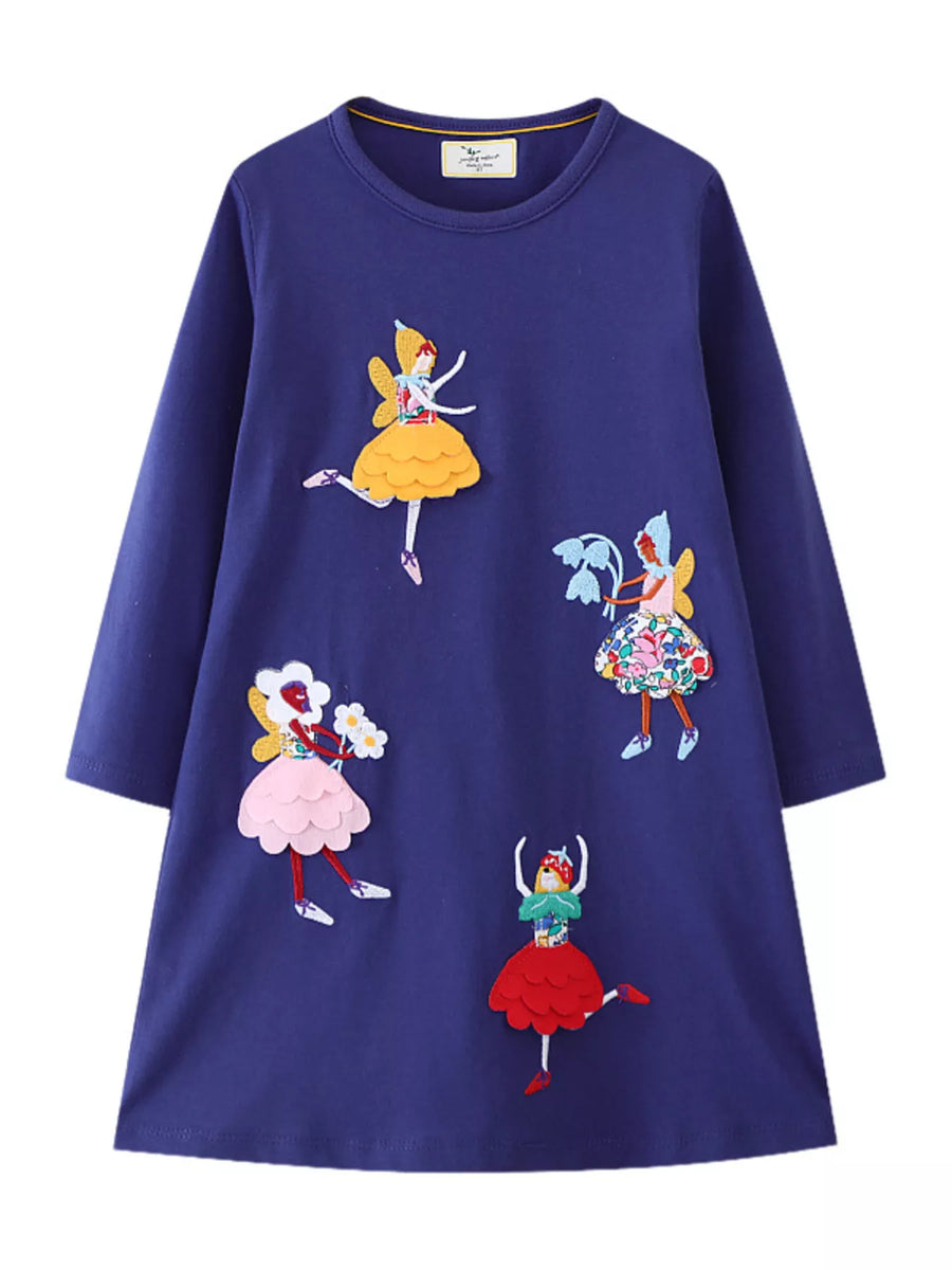 Girls' Fairy Appliqué Long-Sleeve Dress – Navy