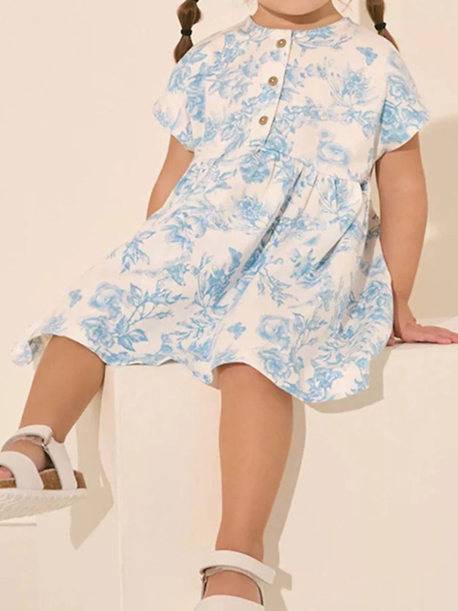 Kids' Floral Button-Front Dress – Pastel Blue