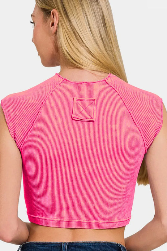 Another view: Ribbed Round Neck Cropped Top — Hot Pink