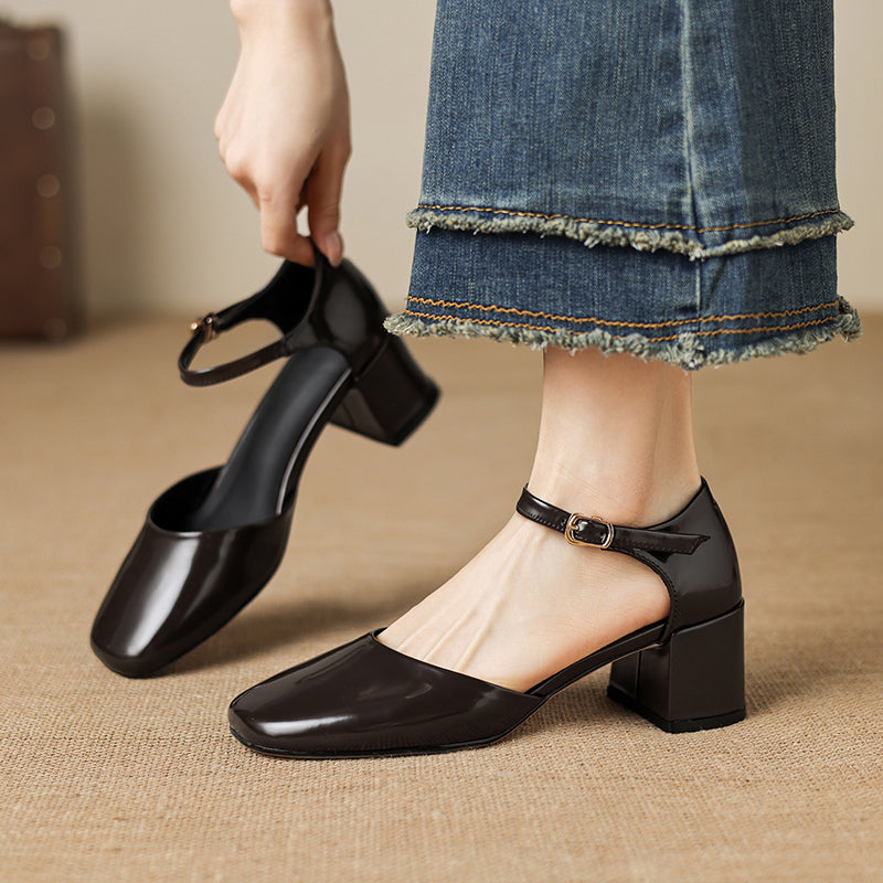 Women's Cutout Mary Jane Block Heel Sandals | Full-Grain Cowhide Square Toe Heels