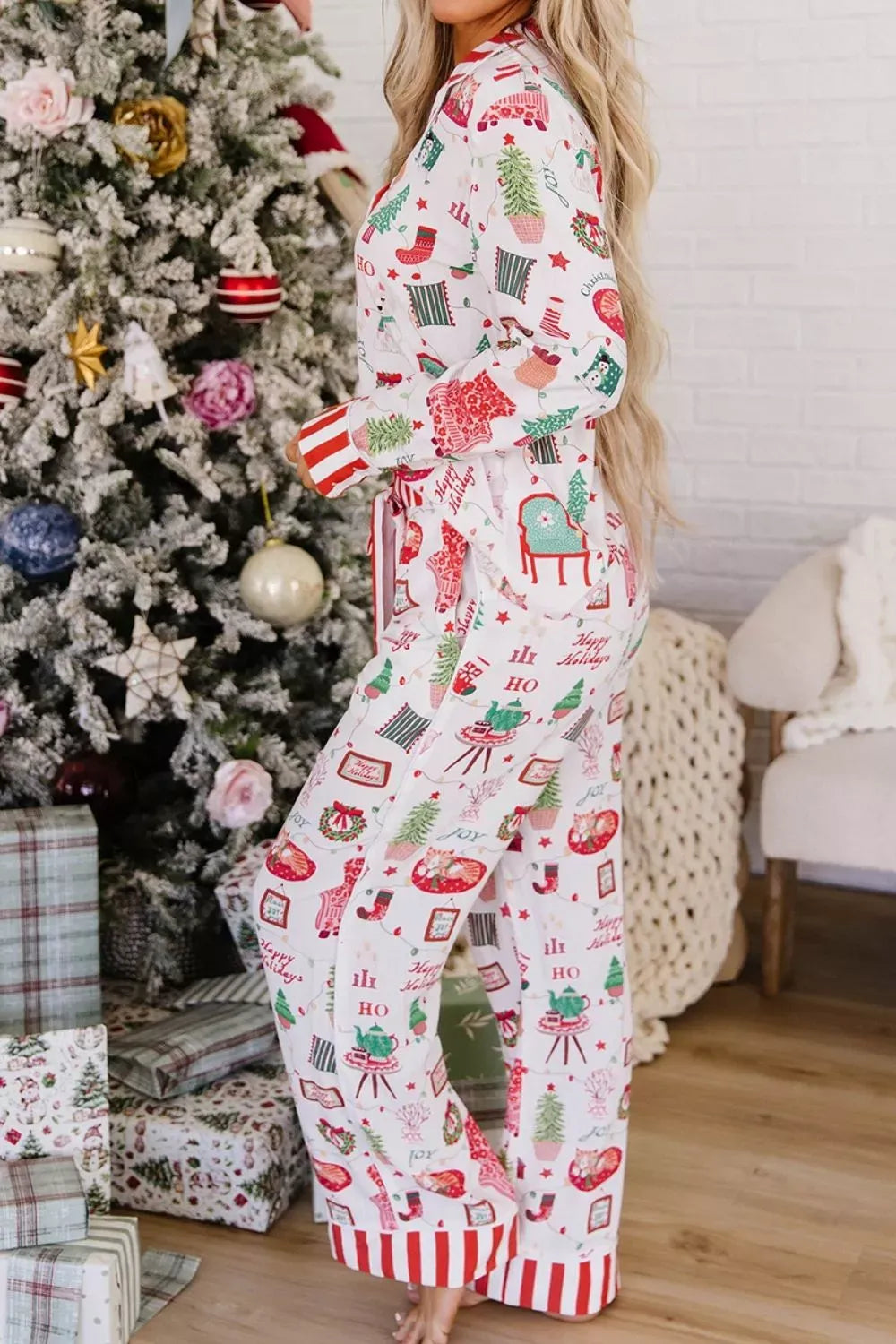 Women's Striped Holiday Button-Up Lounge Set — photo 5