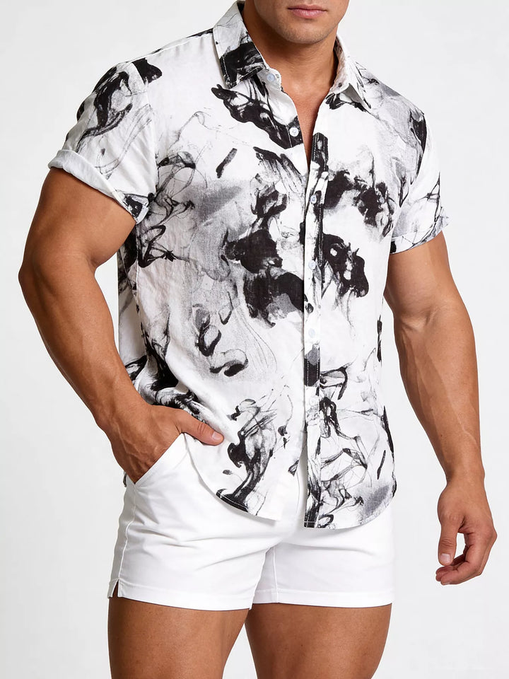 Black abstract ink-wash short-sleeve button-up shirt.