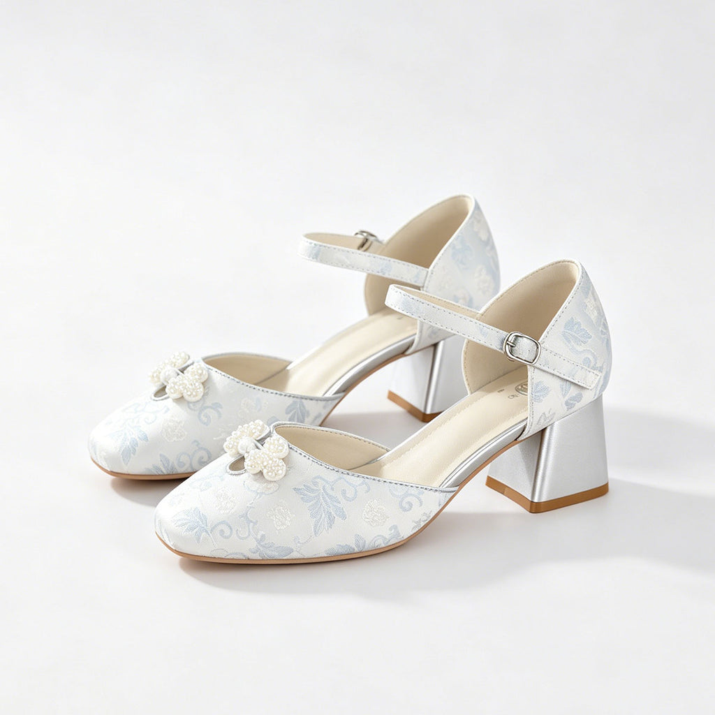 Women's Jacquard Platform Heels | Pearl Bow Square-Toe Chunky Heel Shoes