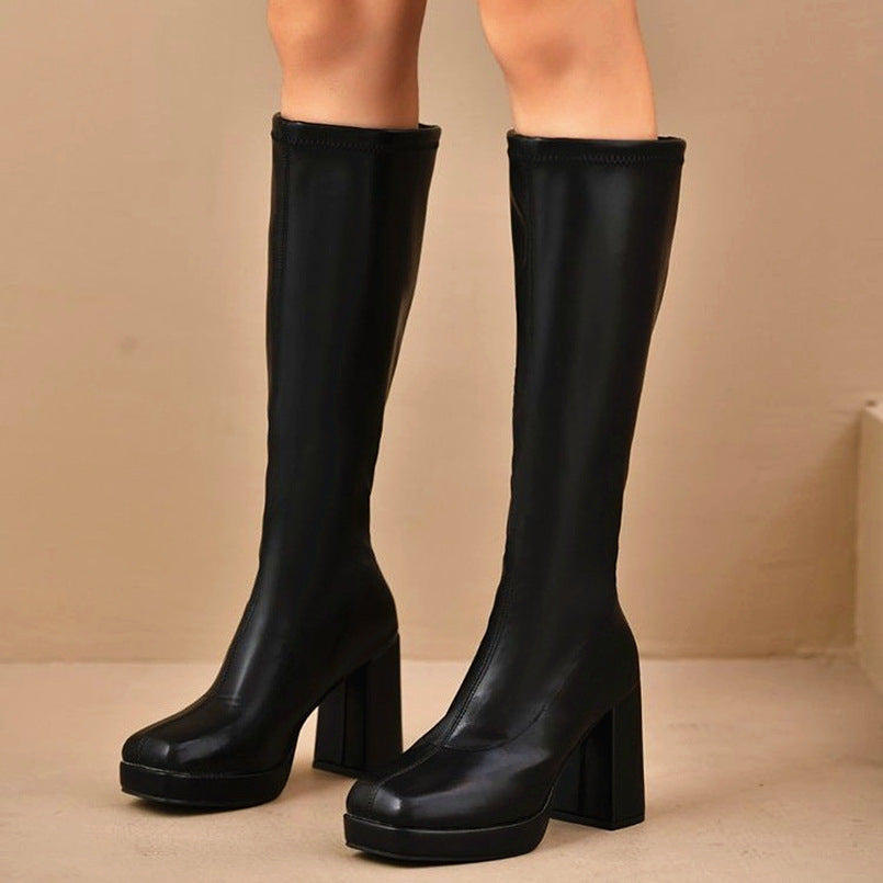 Women's Chunky Heel Leather Boots - High Shaft Round Toe Lace-Up Winter Boots