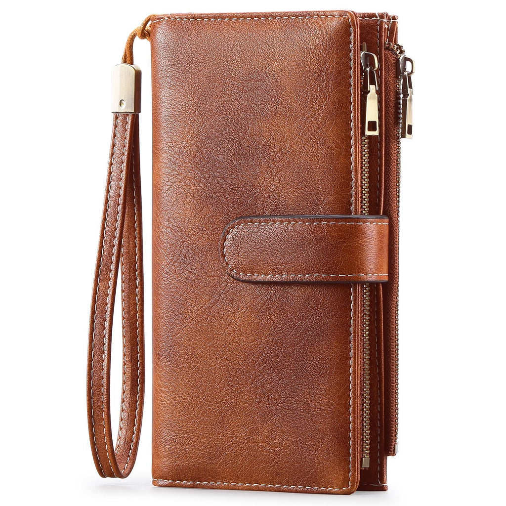 Women's Vintage Tri-Fold Wallet with RFID Protection - Oil Wax Leather Long Purse