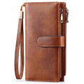 Women's Vintage Tri-Fold Wallet with RFID Protection - Oil Wax Leather Long Purse