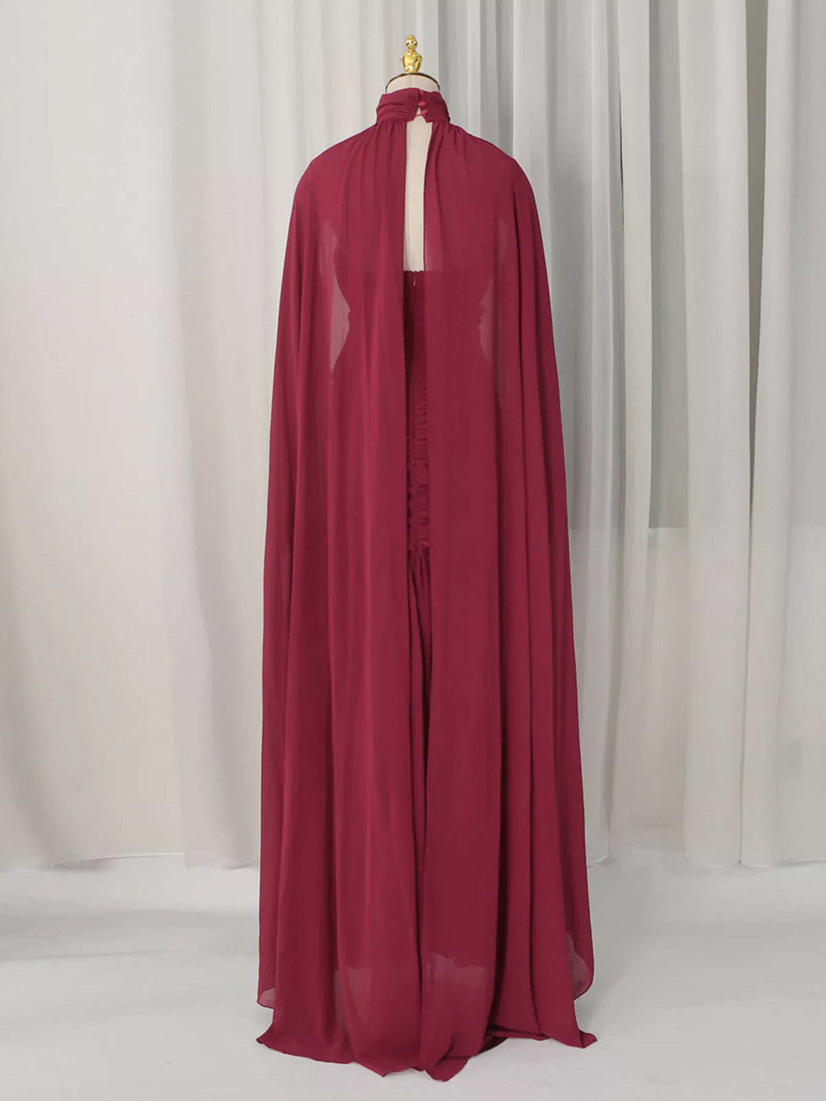 Red Ruched Halter-Neck Cape Maxi Dress