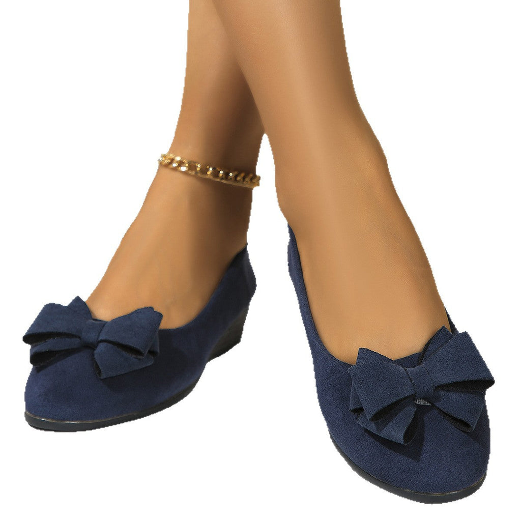 Women's Suede Bowtie Cross-Strap Slip-On Shoes | Low Wedge Heel | Elastic Band Comfort Fit