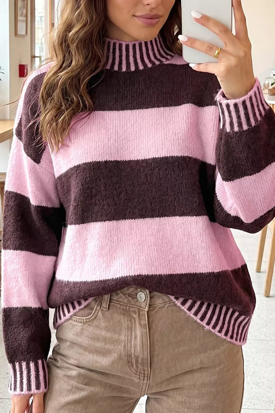 Another view: Stripe Contrast High Neck Dropped Shoulder Relaxed Sweater