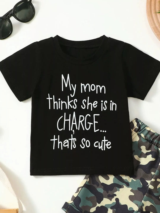 Another view: Meadow Days Letter Graphic T-Shirt and Camouflage Shorts Set