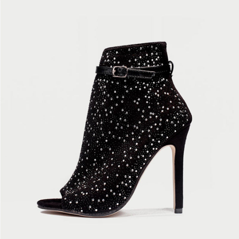 Rhinestone Buckle Sandals - Low Heel Suede Women's Shoes Black