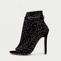 Rhinestone Buckle Sandals - Low Heel Suede Women's Shoes Black