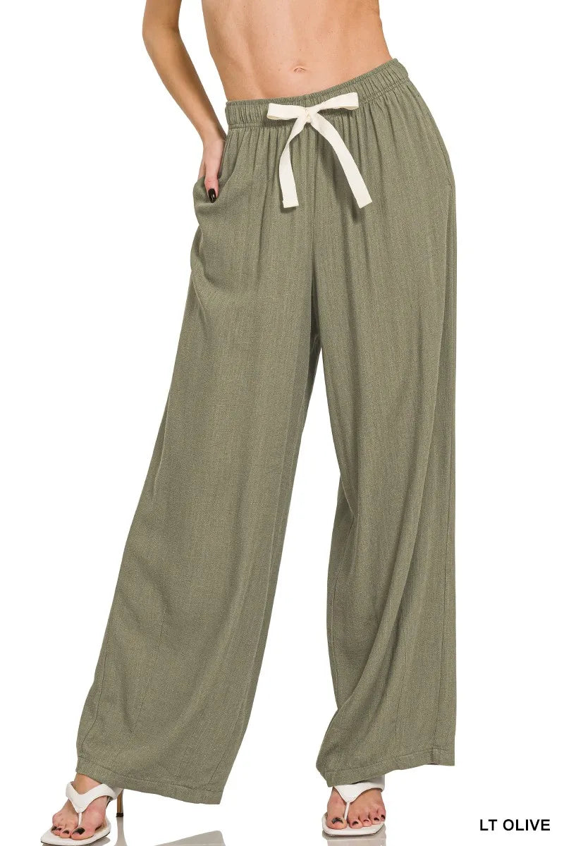 Linen Drawstring Pants — Lt Olive