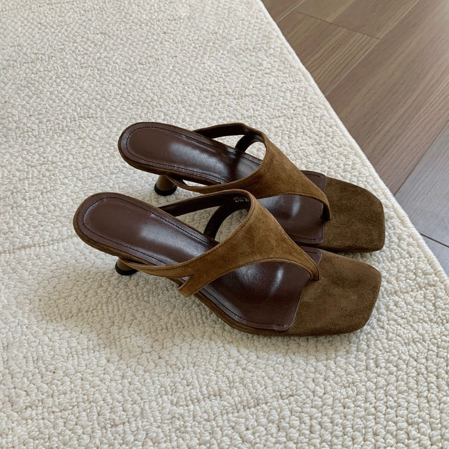 Women's Retro-Chic Square Toe Thong Stiletto Sandals – Buckle Closure Mid Heel