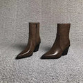 Women's British Style Chunky Heel Pointed Toe Boots | Cowhide Leather Lace-Up Ankle Boots