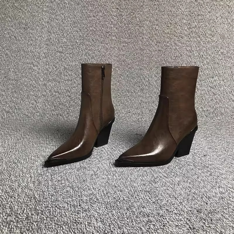 Women's British Style Chunky Heel Pointed Toe Boots | Cowhide Leather Lace-Up Ankle Boots