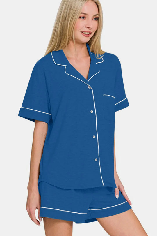 Another view: Button Down Short Sleeve Top and Shorts Lounge Set — Classic Blue
