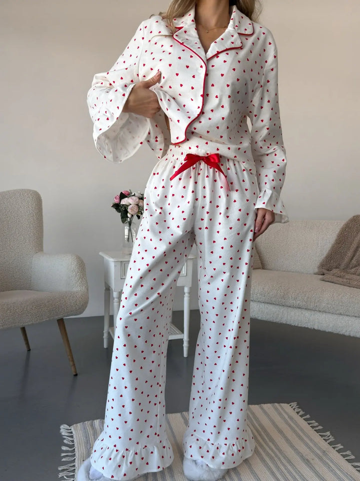 Heart-Print Cotton Top & Pants Lounge Set — White