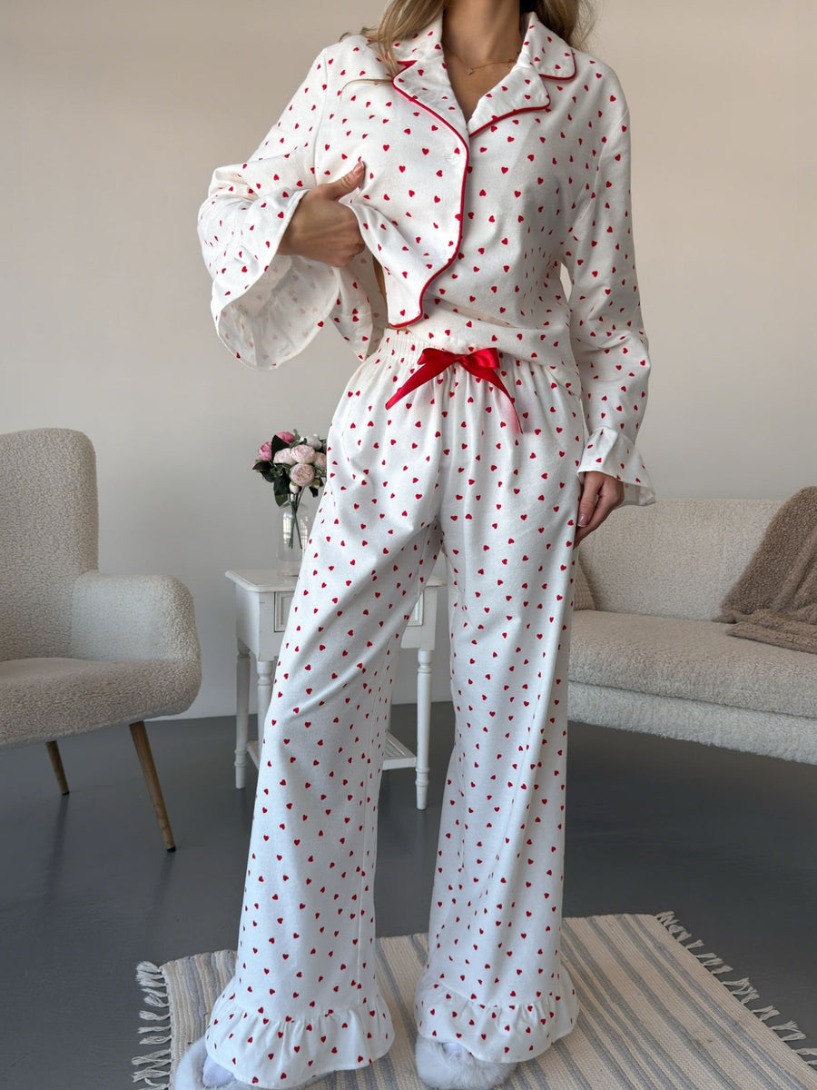 Heart-Print Cotton Top & Pants Lounge Set — White