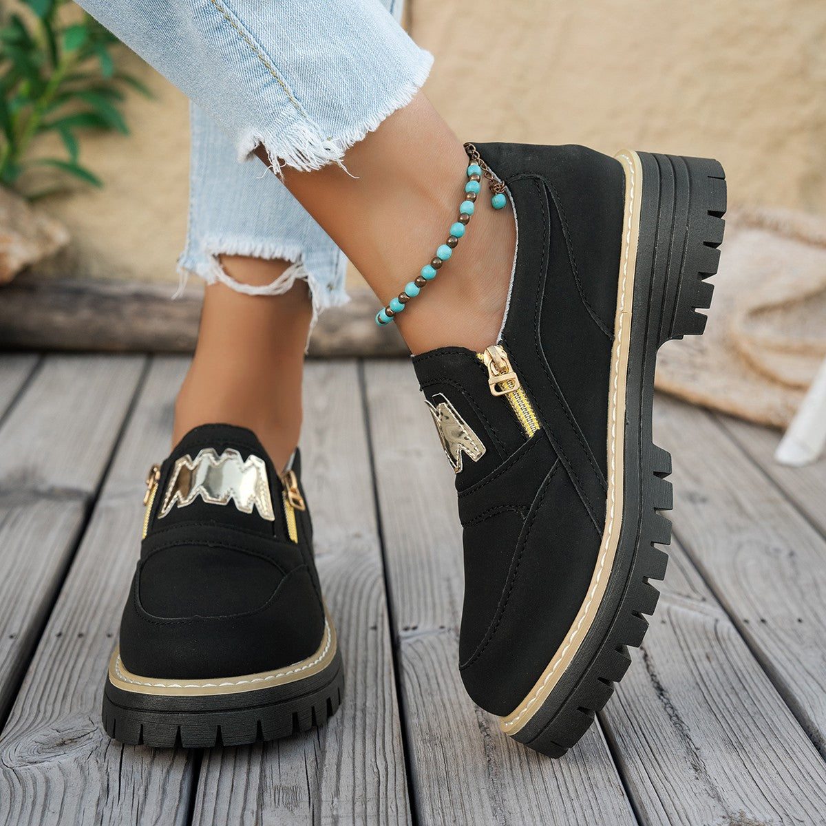 Women's Plus Size Chunky Platform Loafers | Side Zipper Block Heel Shoes