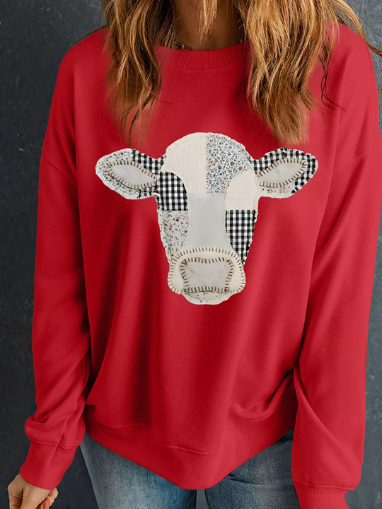 Another view: Western Patchwork Cow Drop Shoulder Sweatshirt