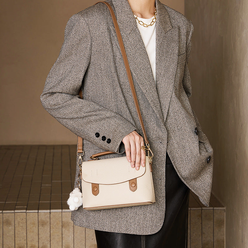 Women's Genuine Leather Cambridge Bag | Full-Grain Cowhide Shoulder Bag | Coffee Brown & Off-White