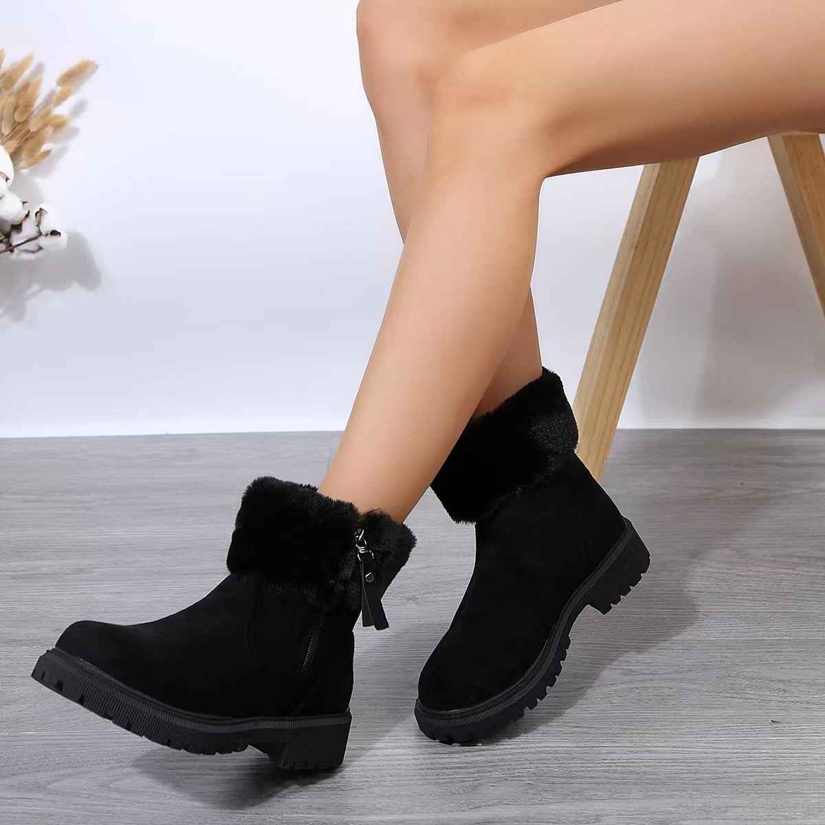 Women's Plush Lined Winter Snow Boots Side Zipper Thick Heel Anti-Slip Outdoor Boots