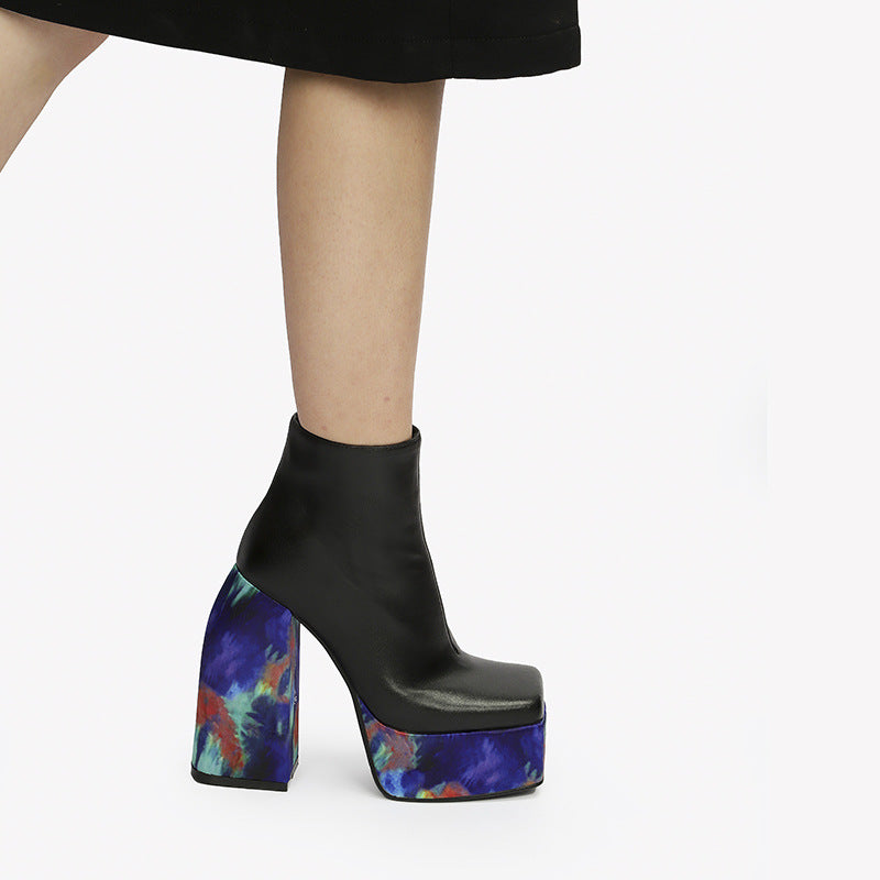 Women's High-Heel Leather Fashion Boots - Square Toe Chunky Heel Side Zipper