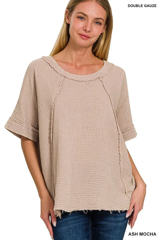 Another view: Washed Double Gauze Exposed Seam Short Sleeve Top