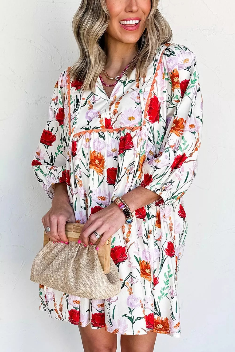 Floral Ricrac-Trim Puff-Sleeve Mini Dress