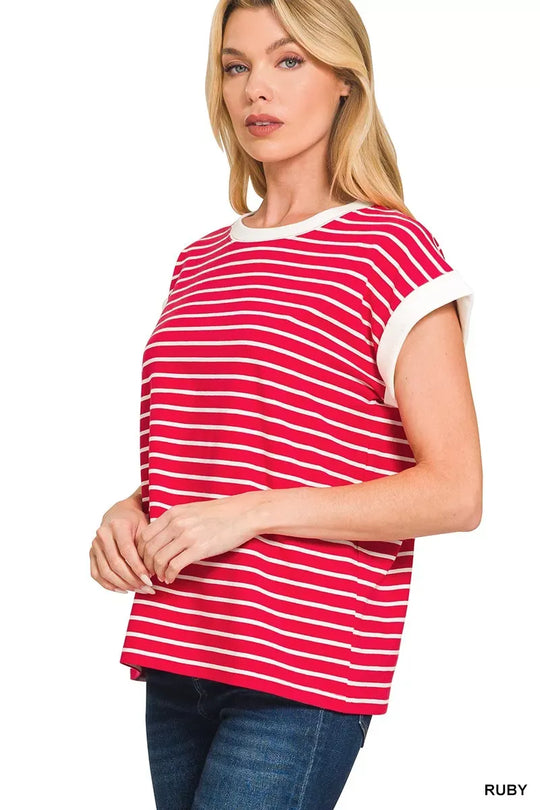 Another view: Curve Contrast Trim Cap Sleeve Stripe Tee