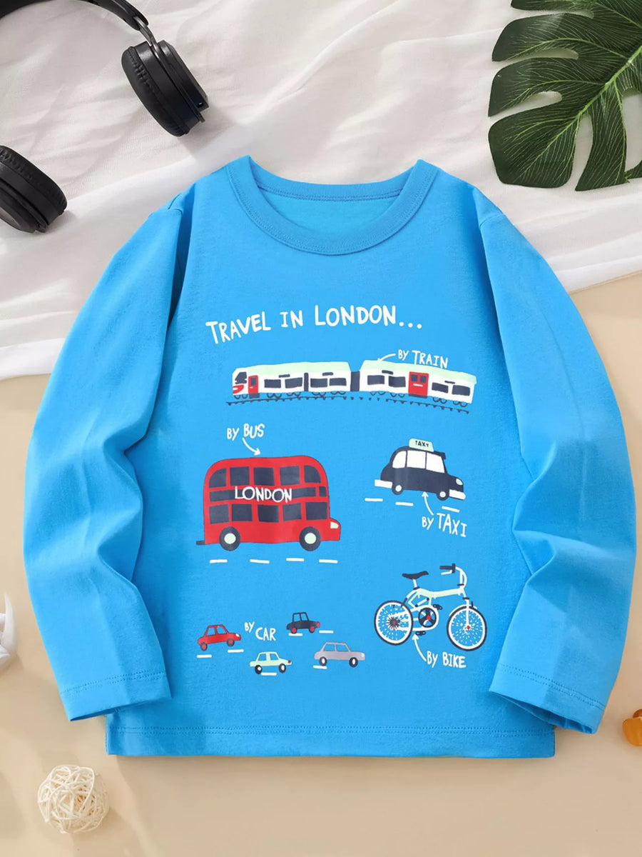 London Travel Print Cotton Long-Sleeve T-Shirt — Sky Blue