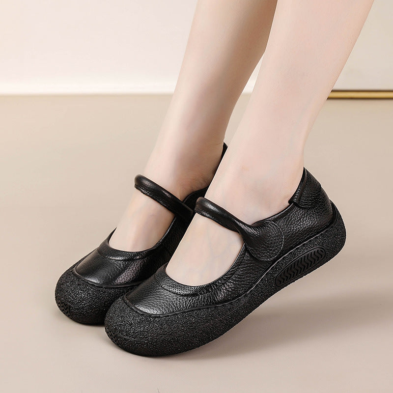 Women's Retro Flat Round-Toe Velcro Shoes – Genuine Leather | Black, Brown, Khaki
