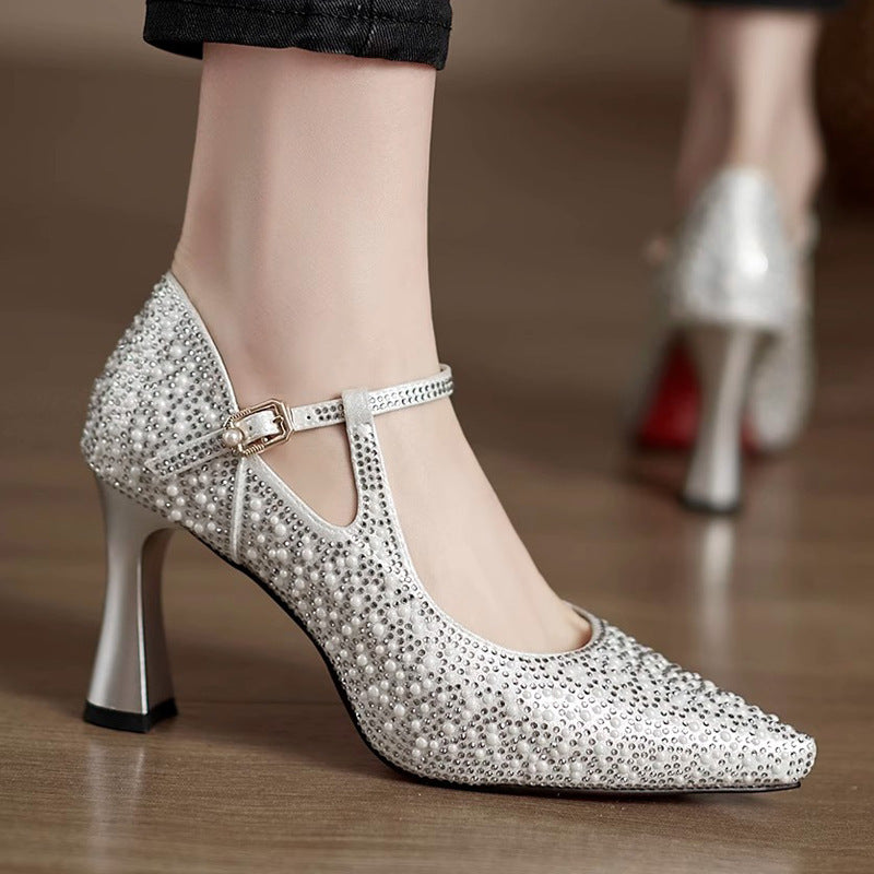 Women's Pointed Toe Chunky High Heel Shoes – Cheongsam Wedding Banquet Buckle Pumps