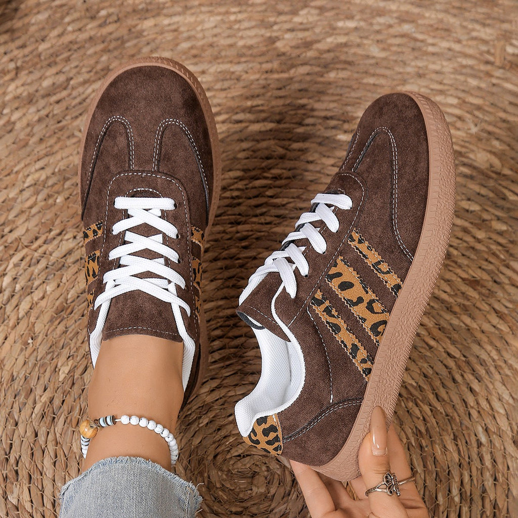 Women's Leopard Print Lace-Up Casual Shoes - Round Toe Color Block Sneakers