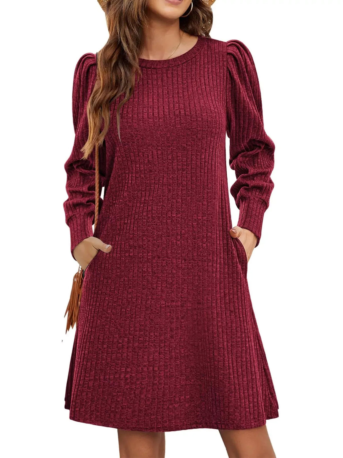 Puff-Sleeve Ribbed Knit Dress with Pockets — photo 10