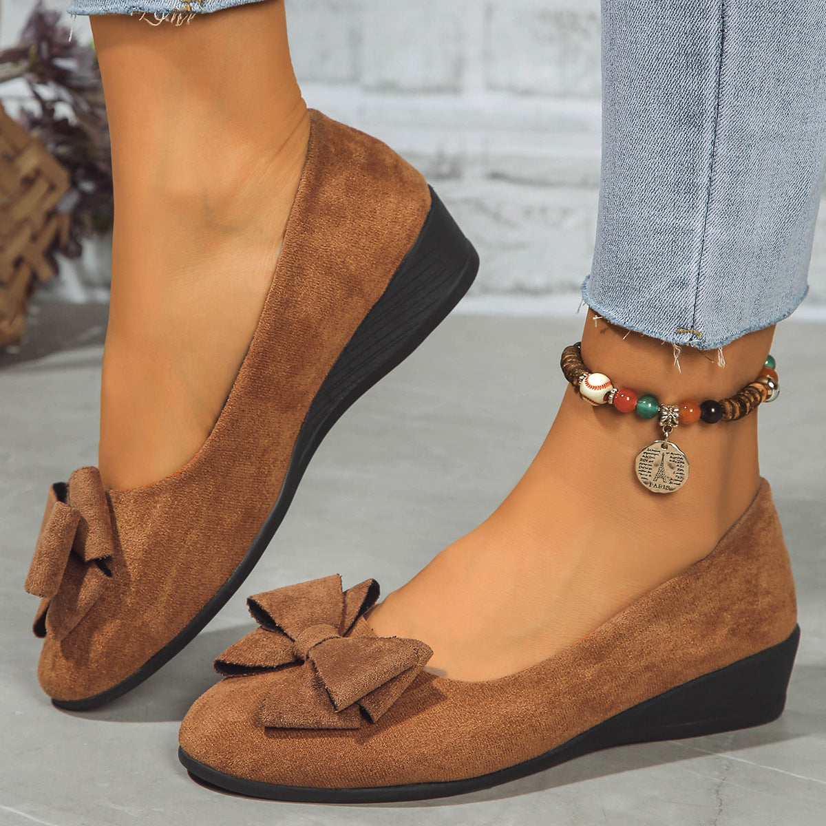 Women's Suede Bowtie Cross-Strap Slip-On Shoes | Low Wedge Heel | Elastic Band Comfort Fit
