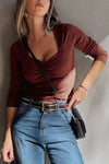 Burgundy ruched square-neck ribbed long-sleeve top, alternate view 2
