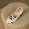 Fringed Chunky Heel Peep-Toe Leather Shoes with Chain Detail - Women's Mid Heel Slip-On Dress Shoes