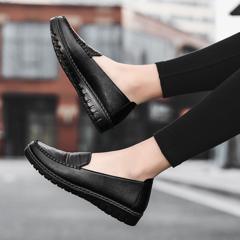 Women's Slip-On Leather Flats - Comfortable Round Toe Wedge Heel Casual Shoes