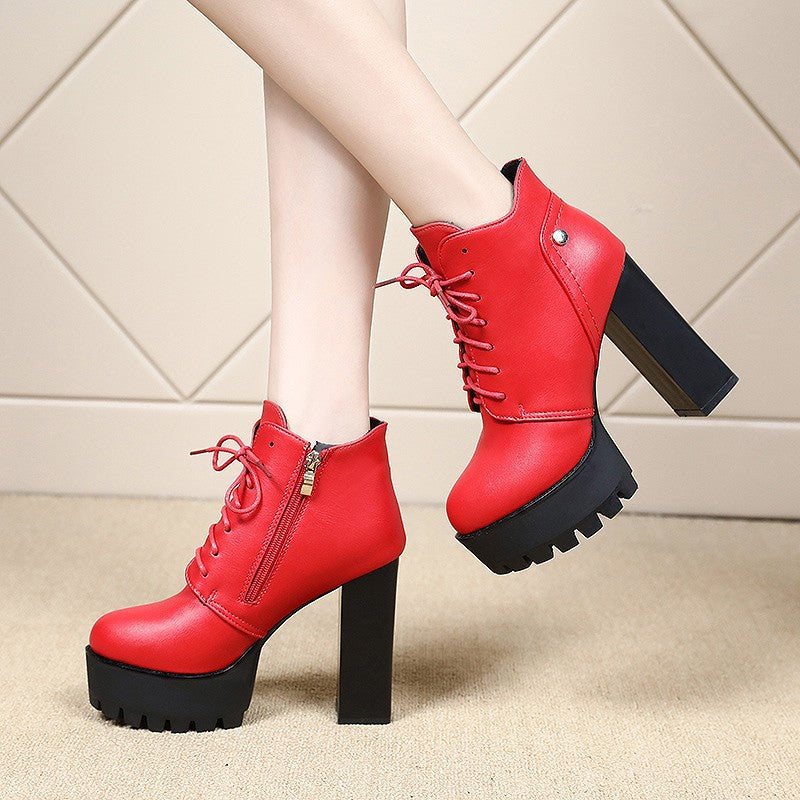 Chunky Heel Platform Boots for Women - Mid-Calf Pointed Toe Boots with Side Zipper